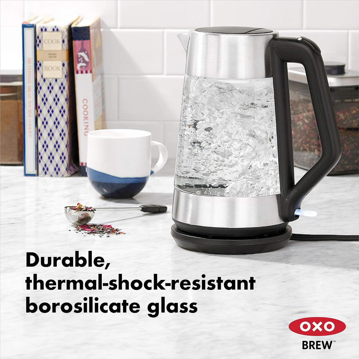 OXO Hervidor eléctrico de vidrio, inalámbrico, de acero inoxidable