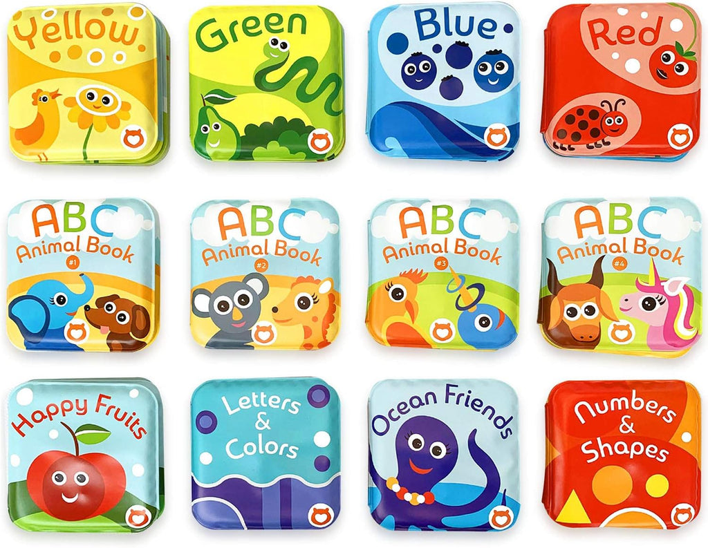 Juego de 12 libros de baño Super Bath (frutas, amigos del océano, ABC, libros de números; libros de baño de reconocimiento de color, incluyendo temas de color amarillo, verde, rojo y azul, libros de