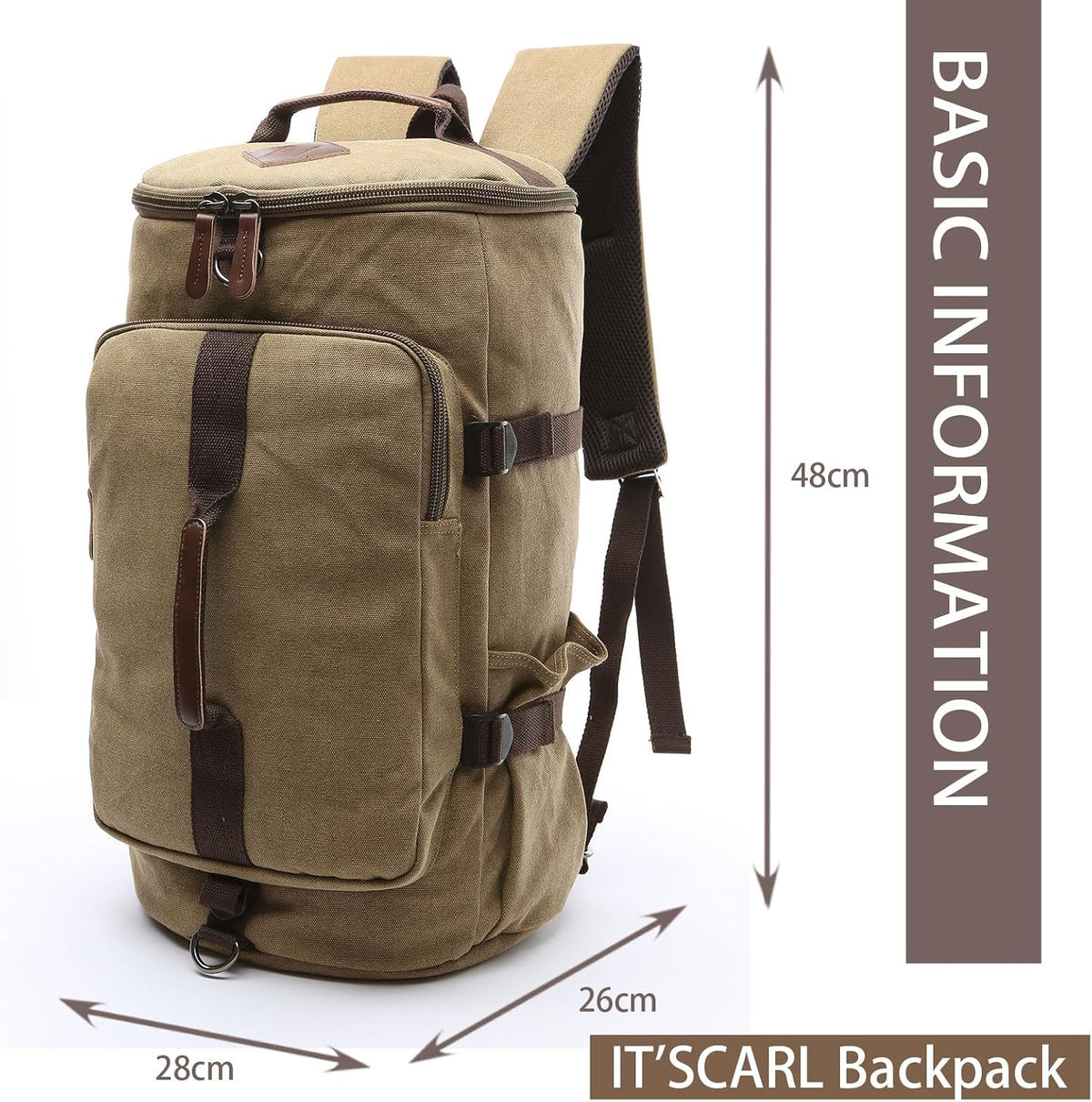 IT'SCARL Mochila grande para hombres, mochila de viaje, bolsa grande de lona, mochila de trabajo (caqui)