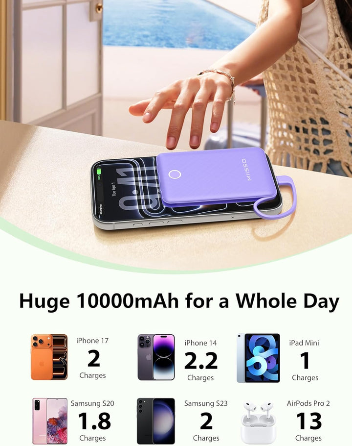 miisso Cargador Portátil Mini de 10000mAh con Cable Integrado, Powe...