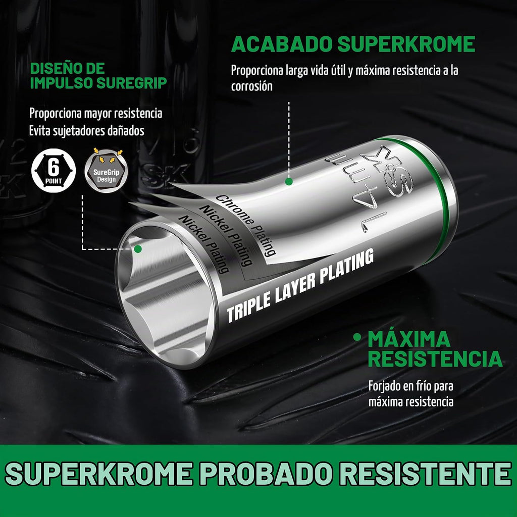 SK Juego de Dados de 1/2" con llave de trinquete de 90 dientes, 52 piezas, SAE y métrico
