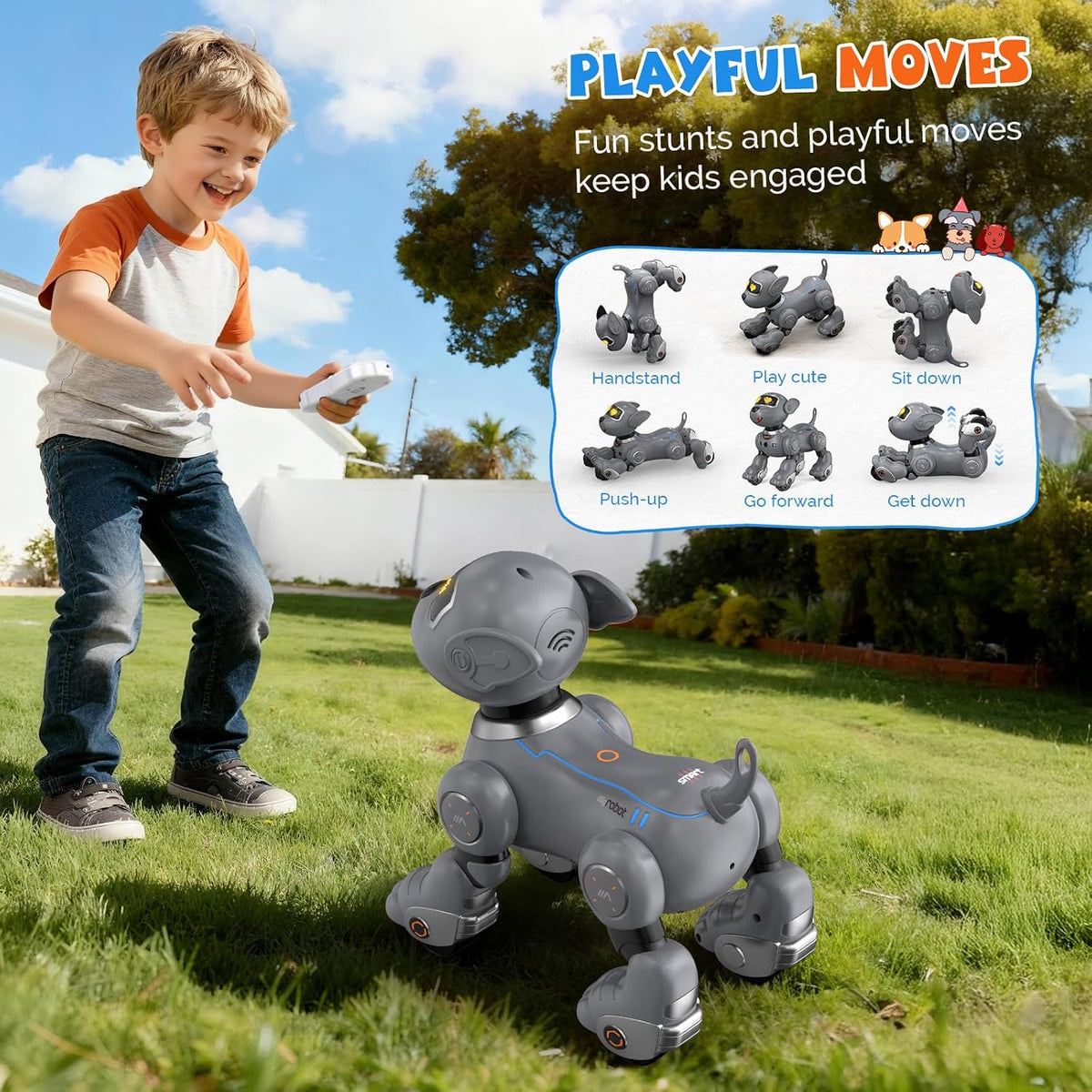 PRANITE Perro robot, juguete programable para perros con control remoto para niños con seguimiento de una tecla, control de voz, tacto, baile, canto, juguete inteligente para cachorros de acrobacias RC regalo para niños y niñas (gris)