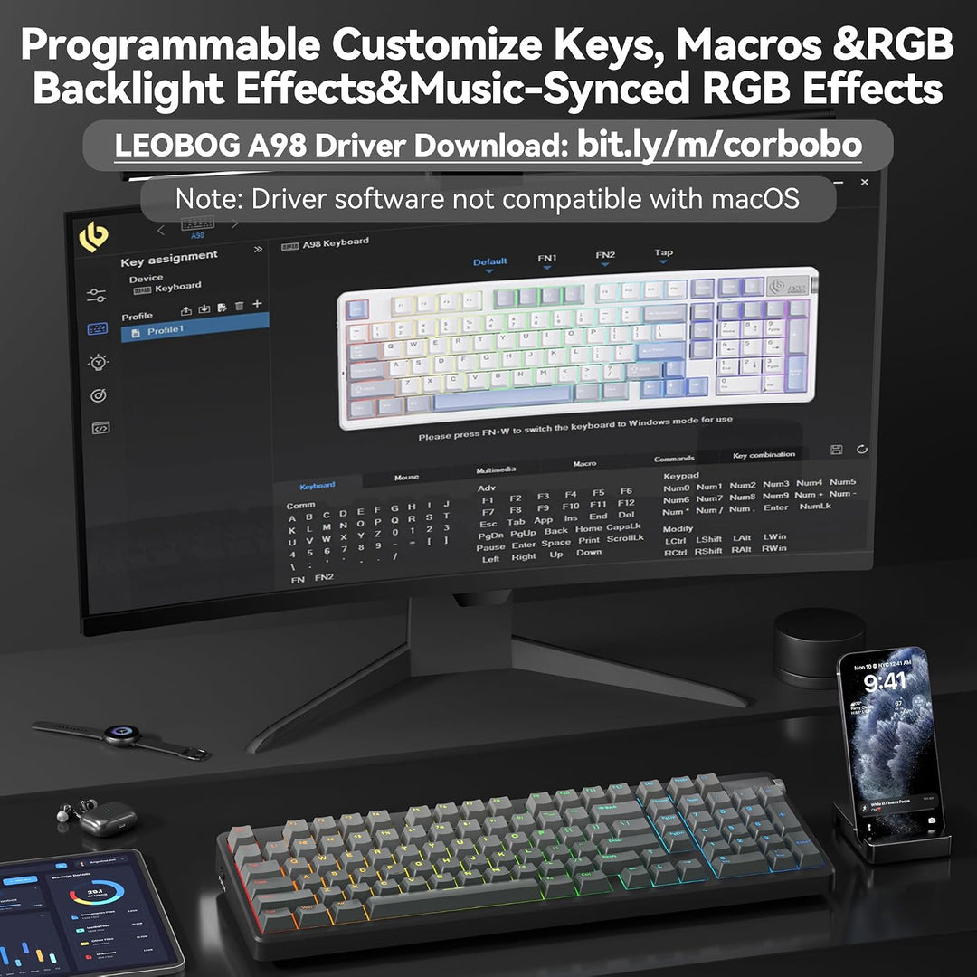 LEOBOG Teclado mecánico inalámbrico A98, Tri-Mode BT5.0\/2.4GHz\/US...