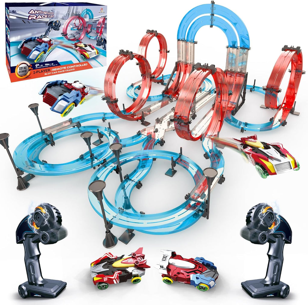 Juego de pistas de carreras de coches de tragamonedas con control remoto eléctrico de doble jugador, juego de carreras de autos magnéticos con controladores manuales, pista circular de paso elevado, juguetes de cumpleaños para niños de 6, 7, 8-12