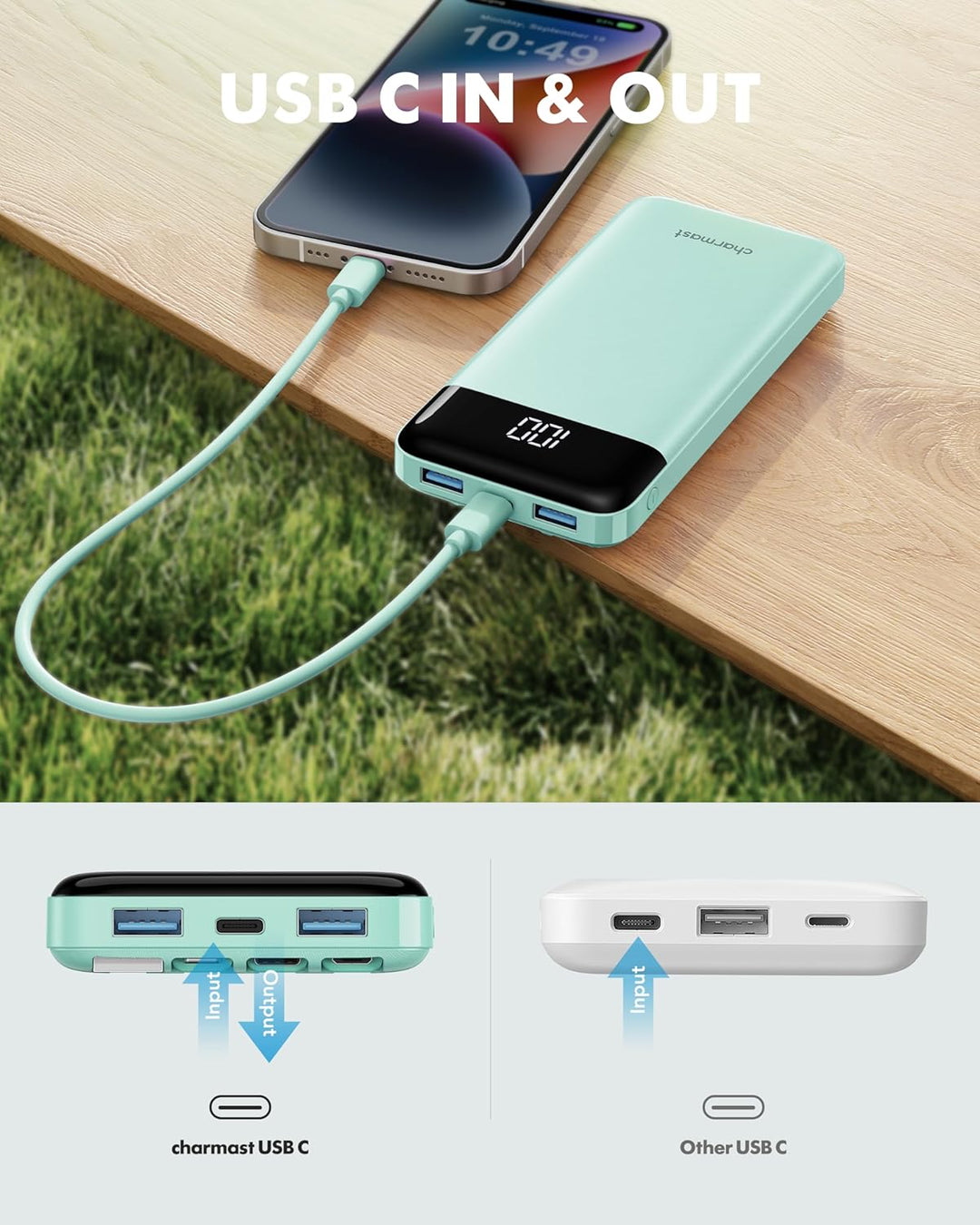 charmast Cargador portátil con cables incorporados, banco de energí...