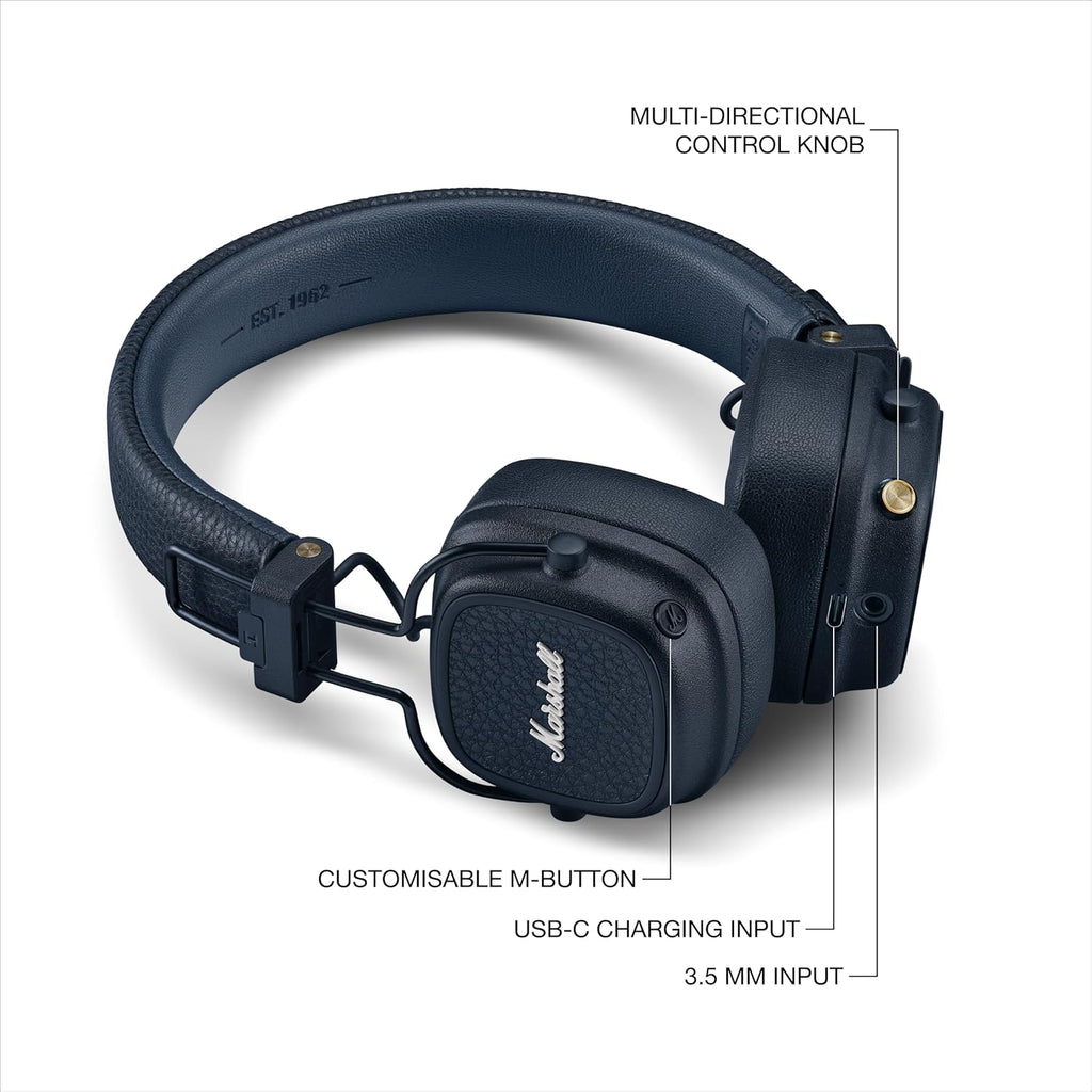 Marshall Major V Auriculares inalámbricos Bluetooth en la oreja - Azul medianoche, Tamaño único
