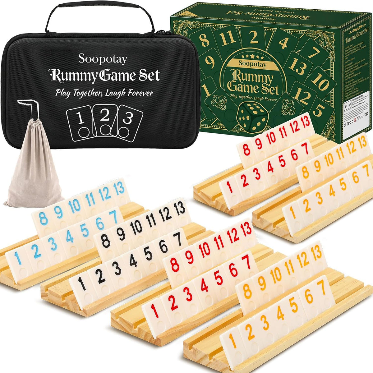 Juego de Rummy para 2-6 jugadores, regalos para adultos, hombres, mujeres, padre, madre, juego de rummy con 6 estantes de madera, 160 azulejos de melamina, bolsa con cordón, funda portátil, juegos de