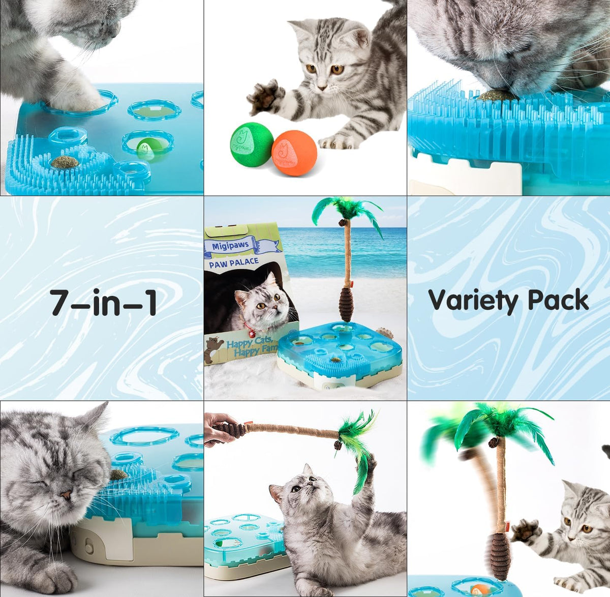 Migipaws Juguete interactivo 7 en 1 para gatos activado por movimiento, reemplazos incluidos con bola de gato de rebote automático, varita de palmera de pluma,