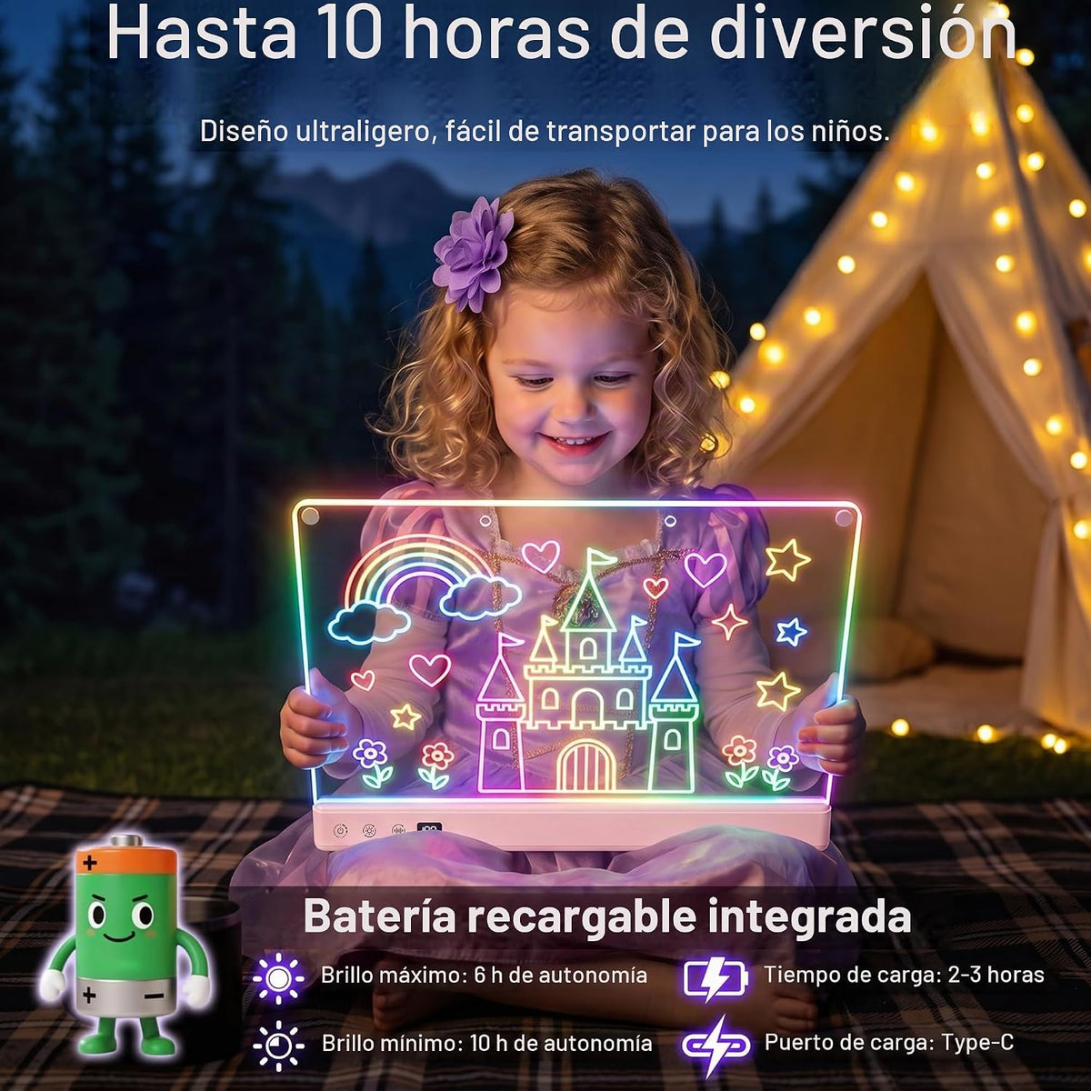 Tablero de dibujo LED recargable de 16" para niños con efectos de luz de 16