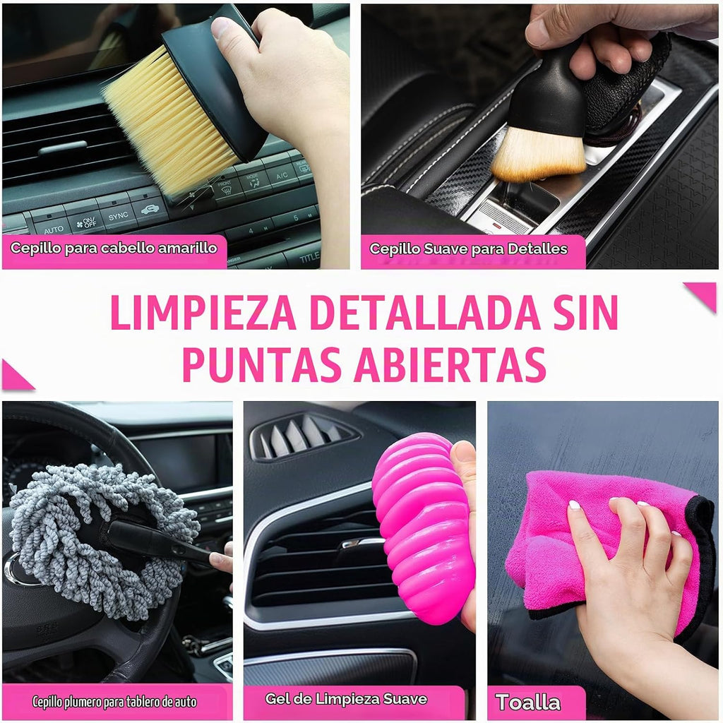 Kit de limpieza de coche rosa de 20 piezas, kit de detallado interior del automóvil con aspiradora de mano roja de alta potencia, juego de cepillos de detalles, limpiador de parabrisas, gel de