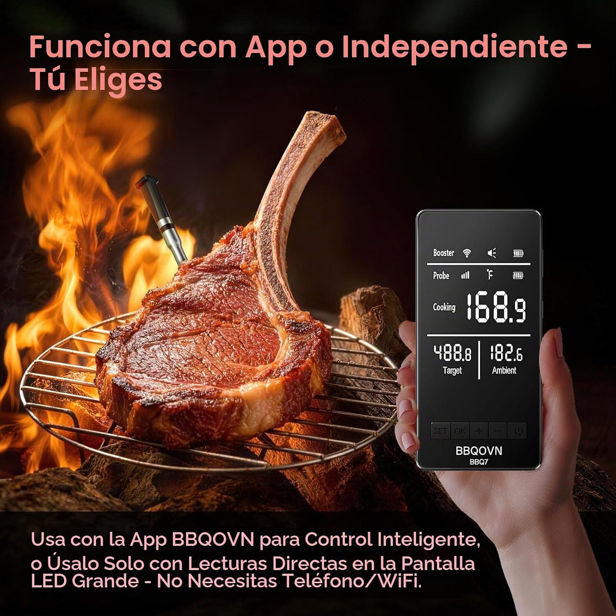 Termómetro inalámbrico inteligente WiFi para carne con alcance ilimitado, 7 sensores certificados NIST, precisión de ±0.5°F, Sub-1G (10 veces más fuerte que Bluetooth), APP y base digital