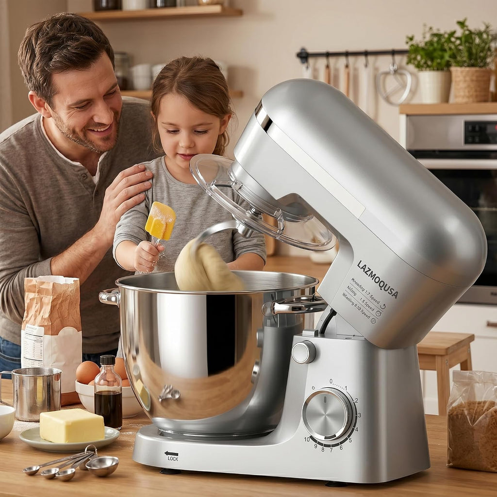 Batidora de pie 6 en 1 con cuenco de 6.5 cuartos de galón, 660 W 10+p velocidades de cocina, mezclador de alimentos de cabeza inclinable para pan y pasteles, para el hogar diario (plateado)