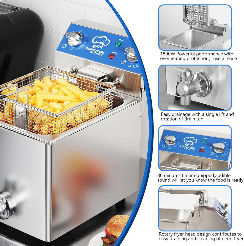 TOPKITCH Freidora Eléctrica de 6.3 Qt con Drenaje de Aceite, Temporizador de 30 Minutos, Tanque de Aceite con Formación por Estiramiento, Tapa y Cesta de Malla de Alambre Sólida, Freidora de Inmersión