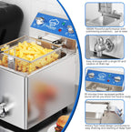 TOPKITCH Freidora Eléctrica de 6.3 Qt con Drenaje de Aceite, Temporizador de 30 Minutos, Tanque de Aceite con Formación por Estiramiento, Tapa y Cesta de Malla de Alambre Sólida, Freidora de Inmersión