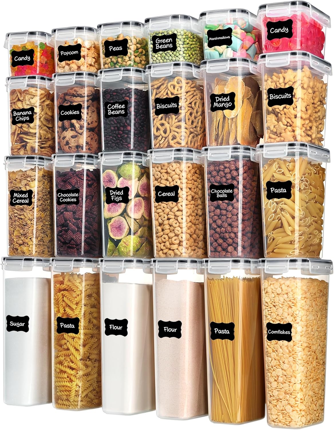 Recipientes herméticos para almacenamiento de alimentos con tapas, Vtopmart 24 piezas recipientes de plástico para organización de cocina y despensa para cereales, alimentos secos, harina y azúcar