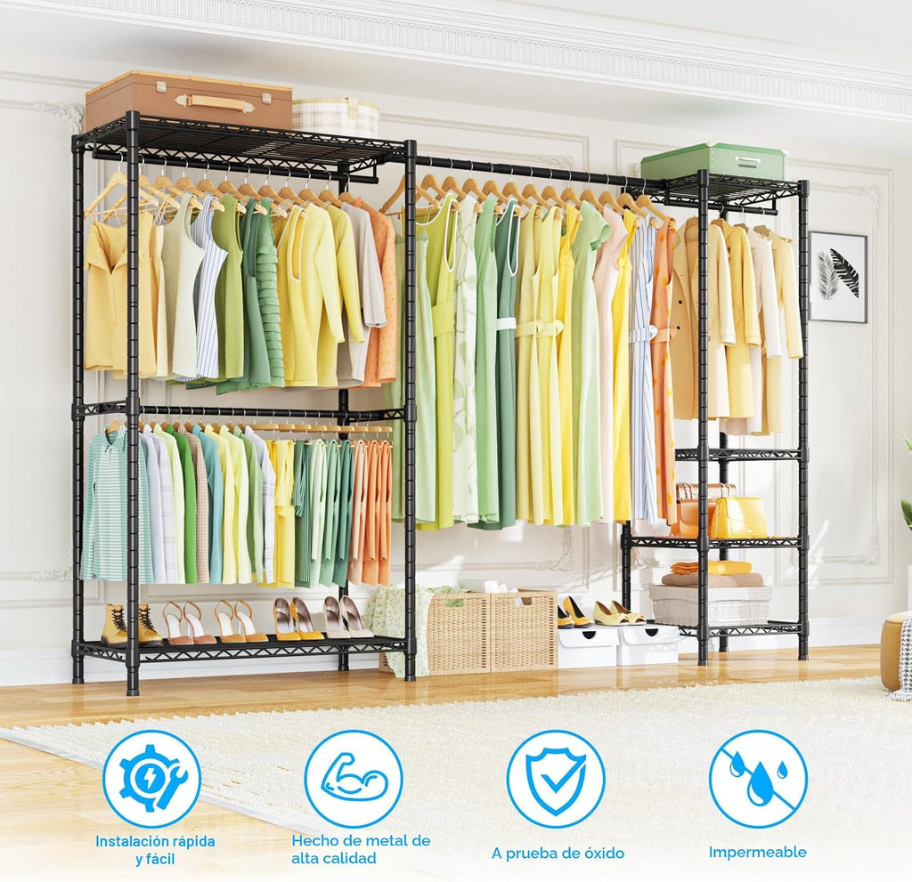 Perchero E10 (Con Barra Colgante Extensible) Percheros Independientes para Colgar Ropa, Sistema Organizador de Armario Ajustable, Perchero Portátil 73-97" An x 15" Pr x 72" Al, Carga Máxima 800