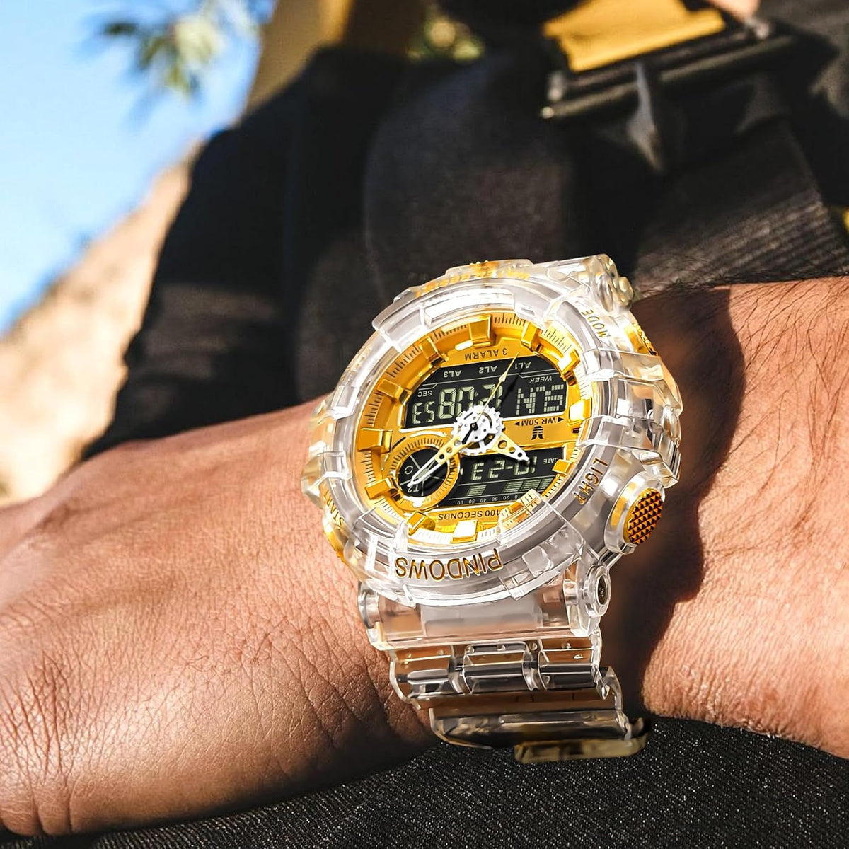 Relojes PINDOWS para hombre, transparente dorado, analógico digital, doble hora, 50M resistente al agua, retroiluminación LED, multifuncional con alarmas, cronómetro, ideal para deportes, actividades