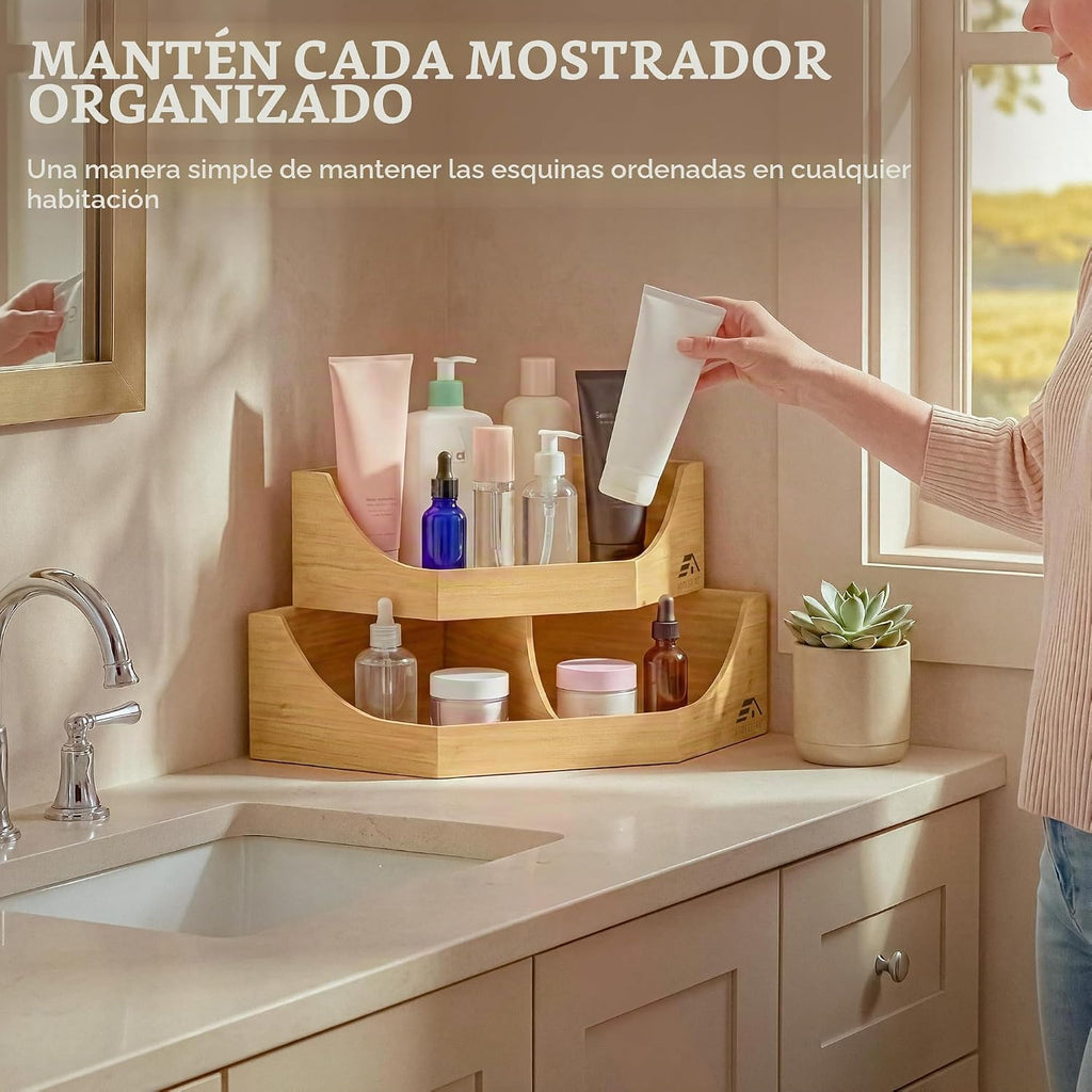 HOMESTEAD Contenedor de almacenamiento esquinero de bambú, apilable de 2 niveles para almacenamiento de papas y cebollas para mostrador de cocina, estante de esquina de madera, organizador de despensa