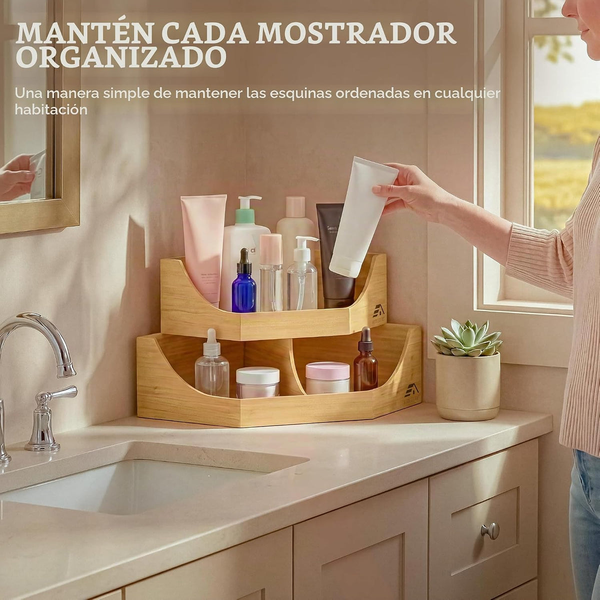 HOMESTEAD Contenedor de almacenamiento esquinero de bambú, apilable de 2 niveles para almacenamiento de papas y cebollas para mostrador de cocina, estante de esquina de madera, organizador de despensa