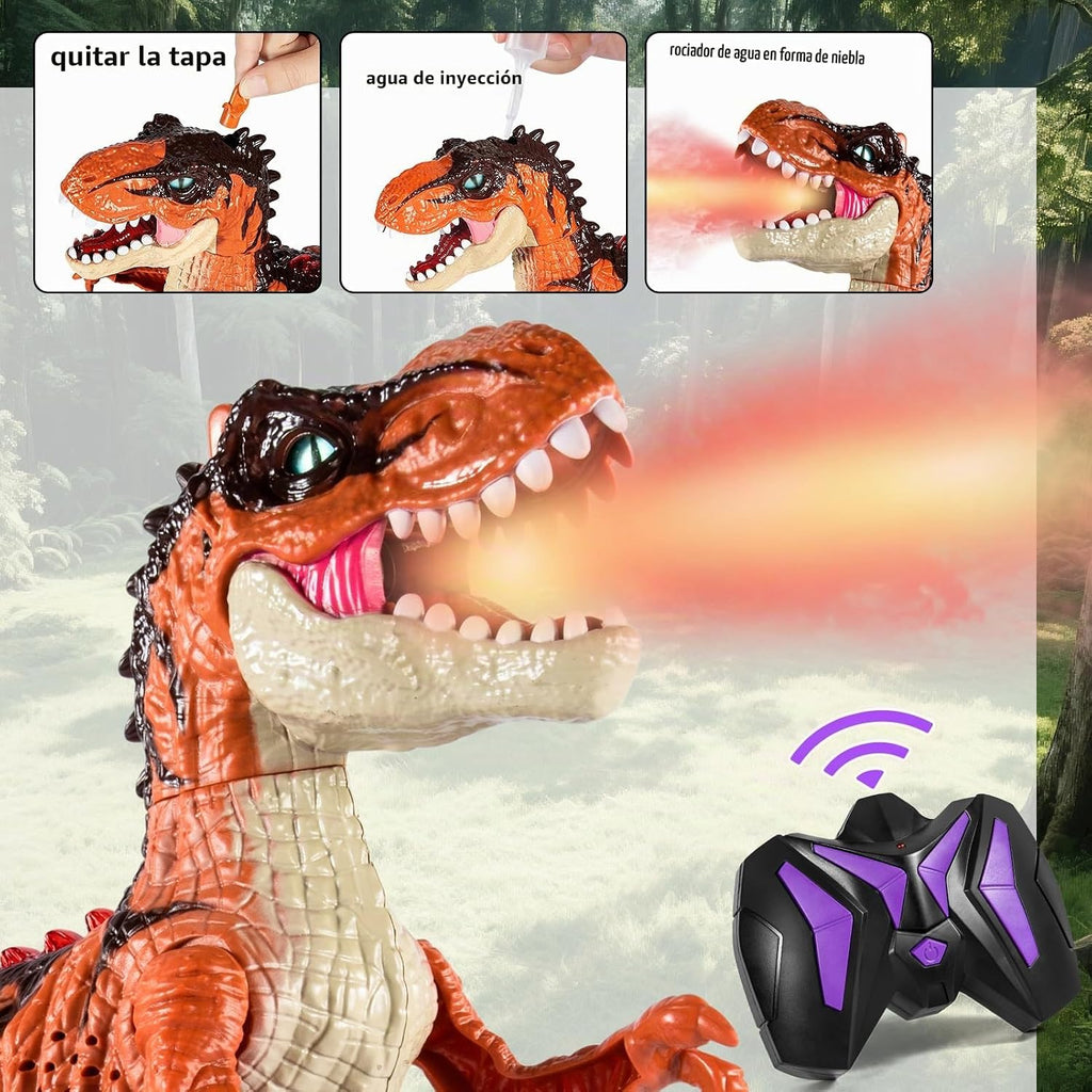Juguetes de dinosaurio a control remoto para niños de 3-5, 5, 7, 8-12, juguete robot de dinosaurio T-Rex para caminar a control remoto con spray de niebla de agua, luces y sonidos, paquete de 2 baterías recargables, 3, 4, 5, 6, 7, 8 años, regalo de