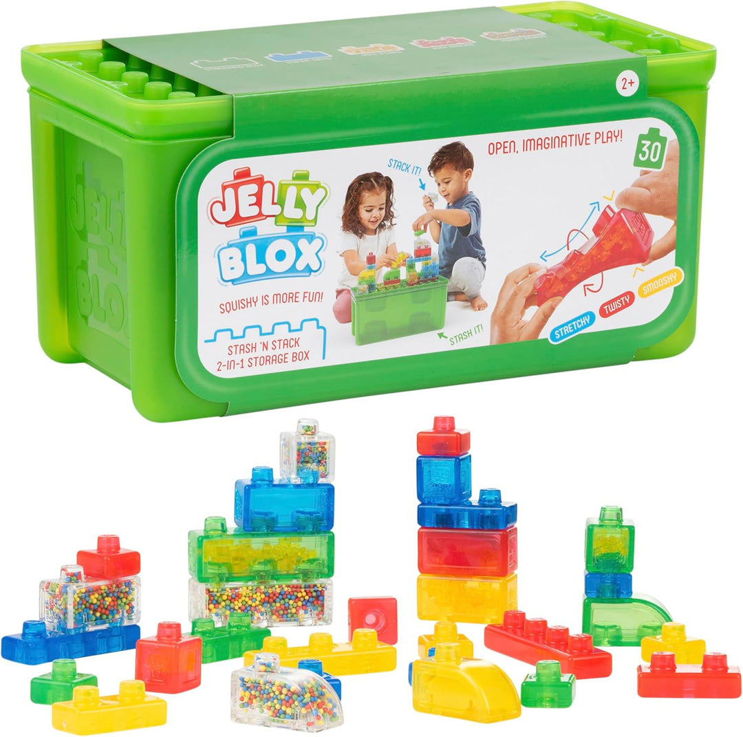 Jelly Blox Caja de Almacenamiento 2-en-1 Stash 'N Stack con 30...