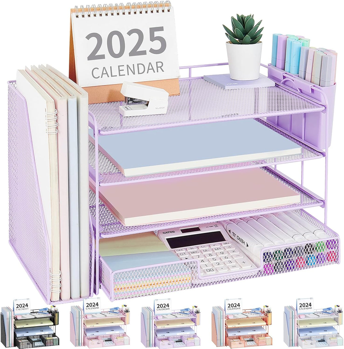 Organizador de escritorio, organizador de archivos de escritorio de 4 niveles con cajón y soportes para bolígrafos, accesorios de escritorio de oficina, clasificadores de archivos, organizadores de espacio de trabajo para suministros de oficina (morado)