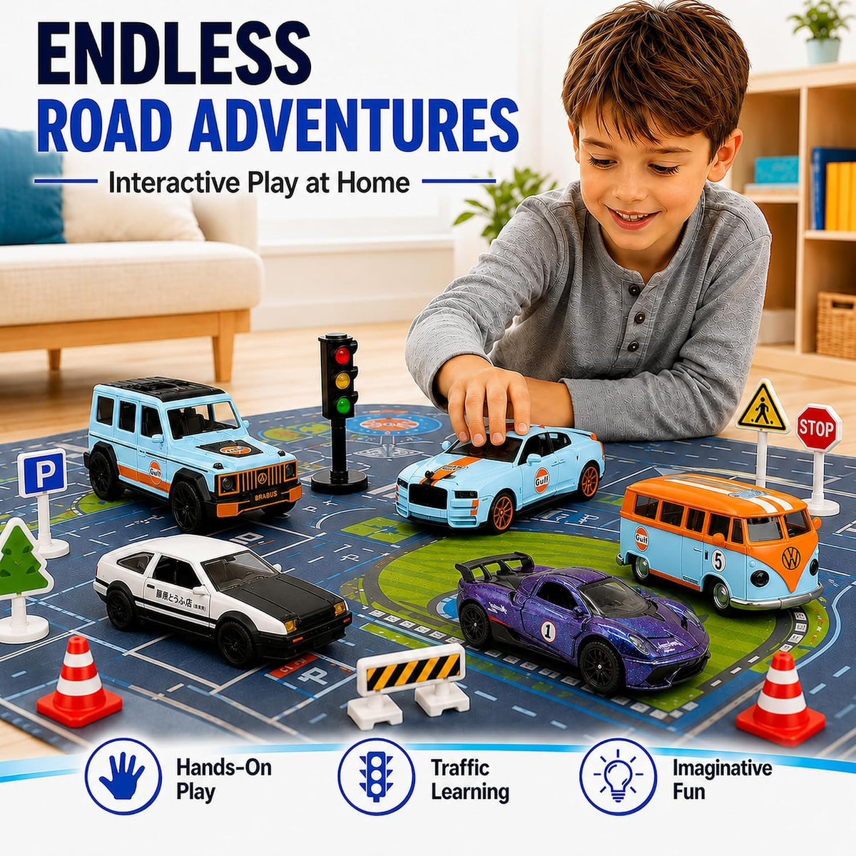 Juguetes de camión de aleación 1:32 para niños, 6 unidades de autos fundidos a presión con mapa de ruta, señales de tráfico y luz, juego de vehículos de juguete, cumpleaños para niños y niñas
