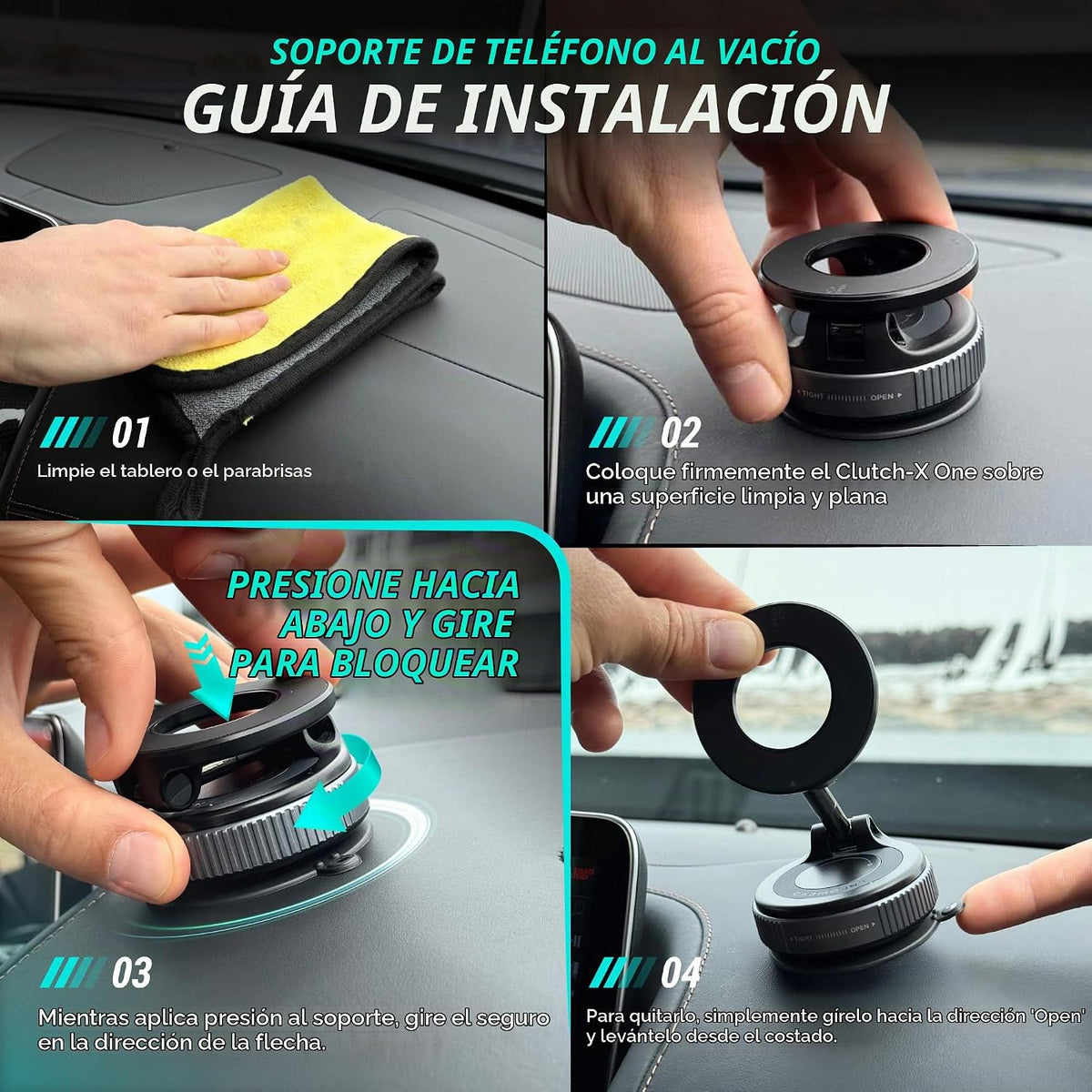 Clutch-X™ Black - Soporte de teléfono con ventosa para iPhone con ventosa para iPhone, soporte de teléfono de ventana para viajes, soporte magnético de teléfono de vacío de 360° para automóvil, soporte magnético para teléfono con ventosa