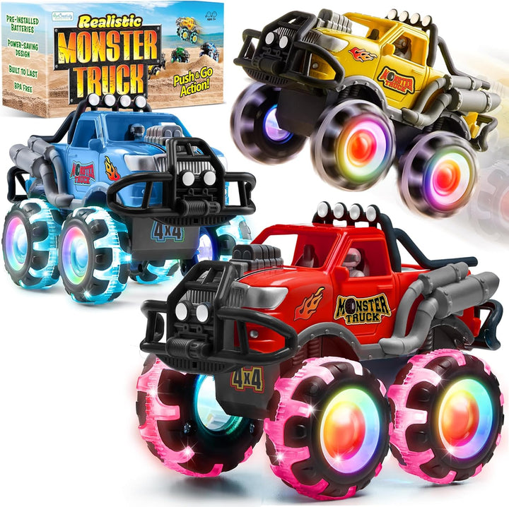 ArtCreativity Paquete de 3 juguetes Monster Truck con ruedas ilumin...
