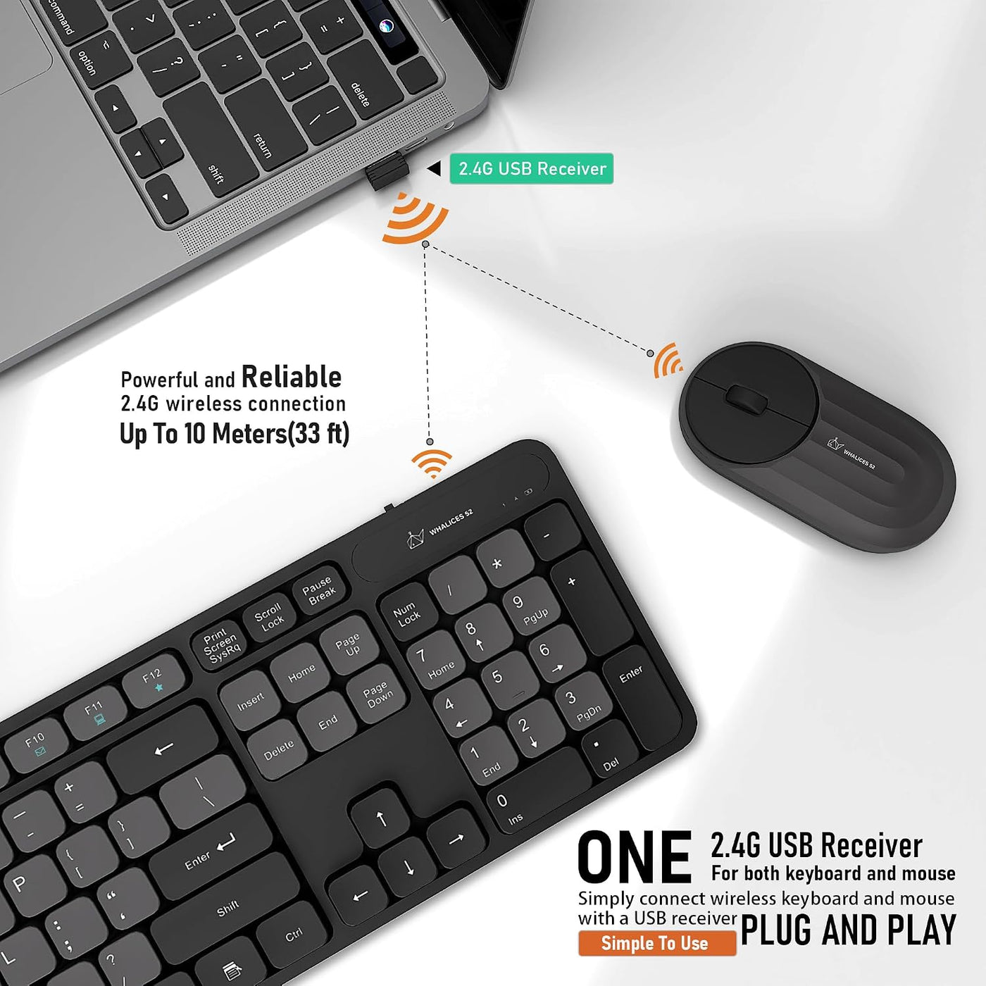 Whalices 52 Combo de teclado y mouse inalámbricos, teclas planas gr...