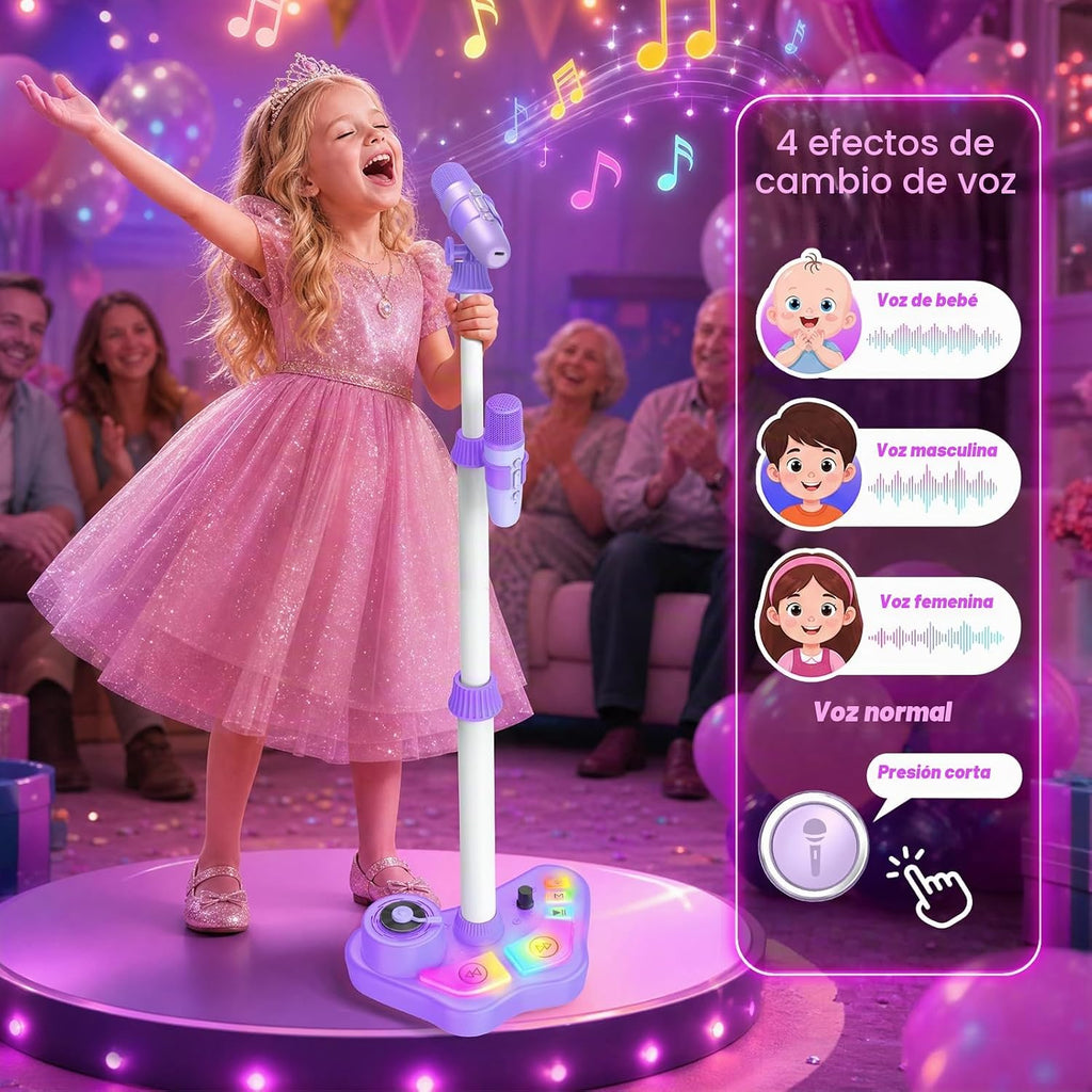 Máquina de karaoke recargable para niños, juguetes con 2 micrófonos inalámbricos, regalos de micrófono para niñas de 3, 4, 5, 6, 7, 8 años, nietos, altavoz Bluetooth con luces LED, regalo de cumpleaños para niños de 3 a 8 años