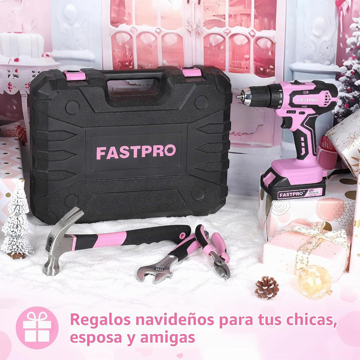 FASTPRO Juego de taladro rosa de 20 V para mujeres, kit de herramientas