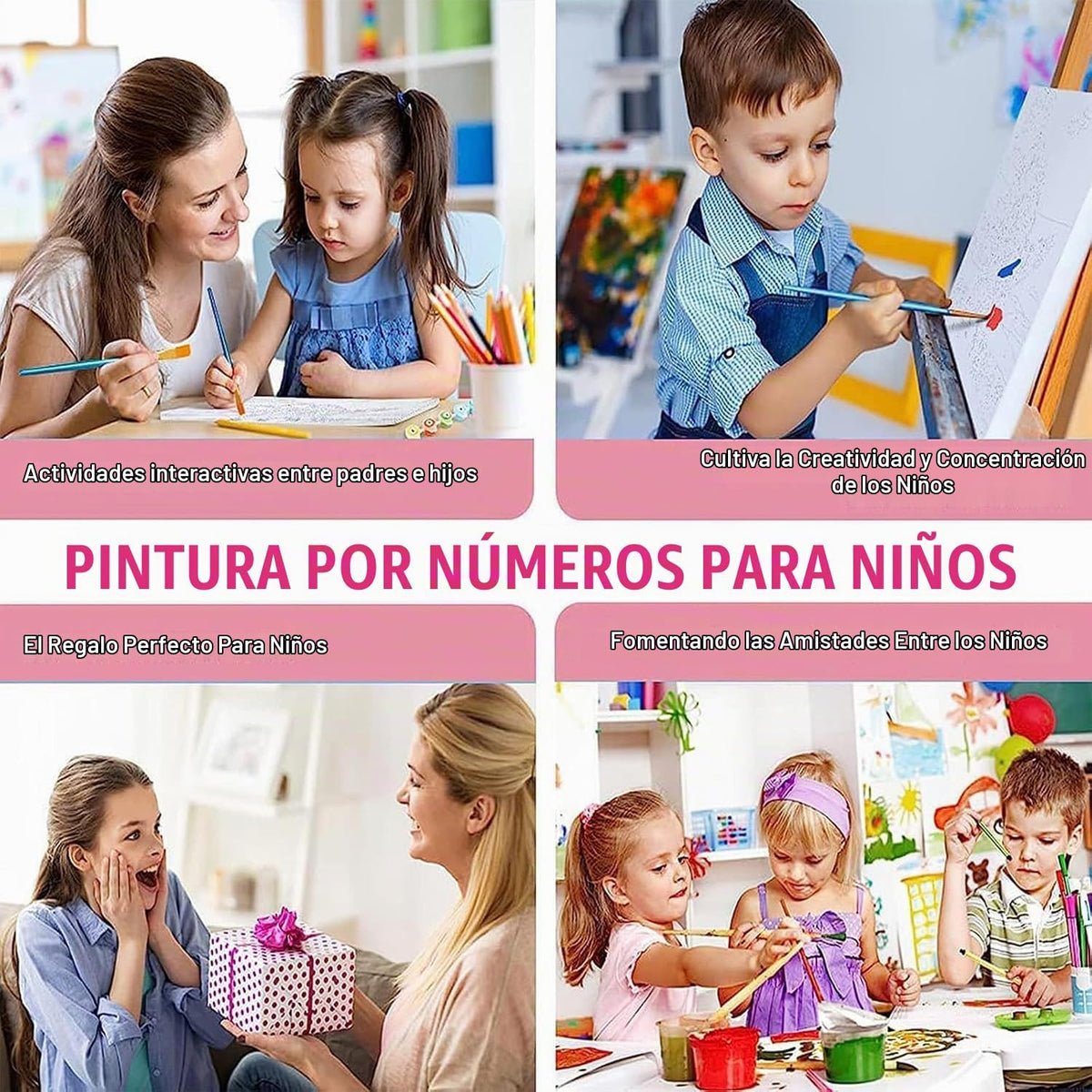 CraftyTime Pack de 6 Kits de Pintura por Números de Dibujos Animados para Niños con Lienzo con Marco, Pintura por Números para Niños de 4-8-12 años, Kits de Pintura Acrílica y al Aceite Fáciles para