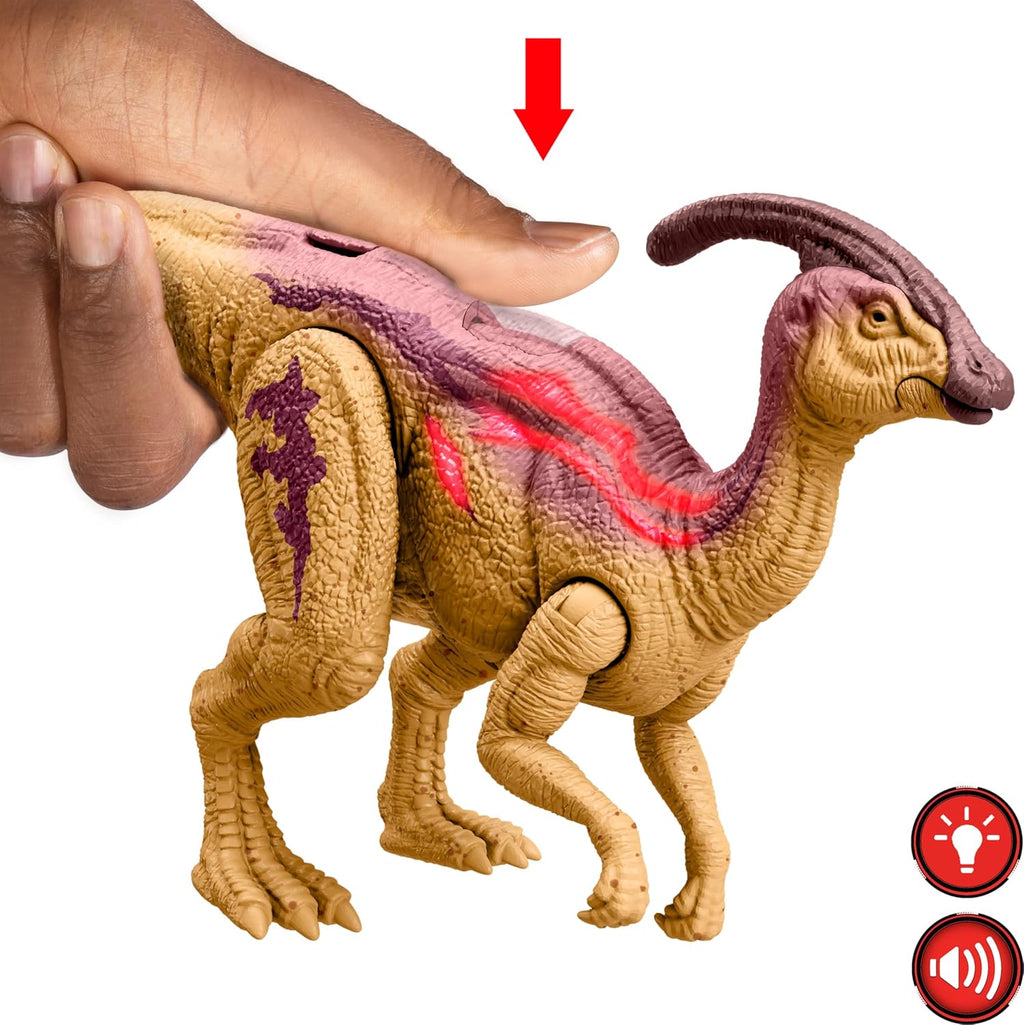 Mattel Jurassic World - Figura de acción de dinosaurio Wild Roar, parasaurolophus con columna vertebral brillante revelan luces y sonido, juguete posable con juego digital