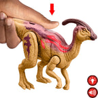 Mattel Jurassic World - Figura de acción de dinosaurio Wild Roar, parasaurolophus con columna vertebral brillante revelan luces y sonido, juguete posable con juego digital