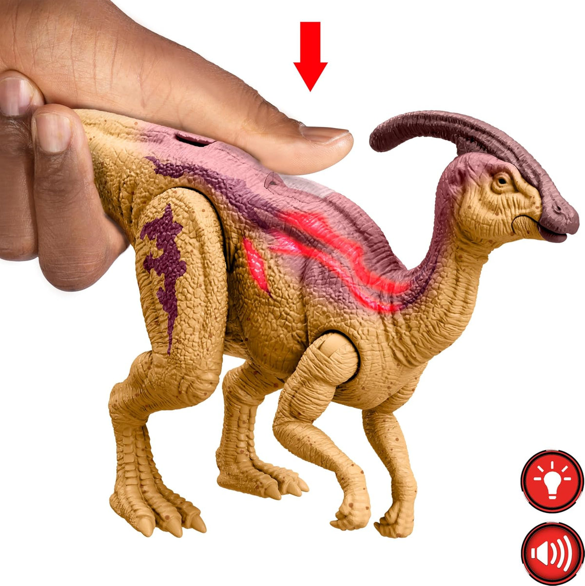 Mattel Jurassic World - Figura de acción de dinosaurio Wild Roar, parasaurolophus con columna vertebral brillante revelan luces y sonido, juguete posable con juego digital