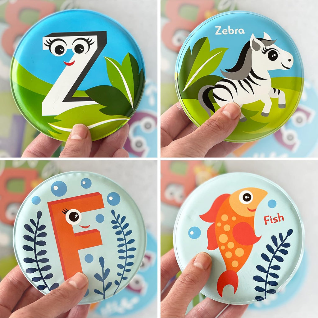 Animales flotantes y tarjetas flash del alfabeto para bañera - Tarjetas didácticas para niños pequeños de preescolar - Juguetes educativos de baño para mayores de 18 meses (juego de 26)