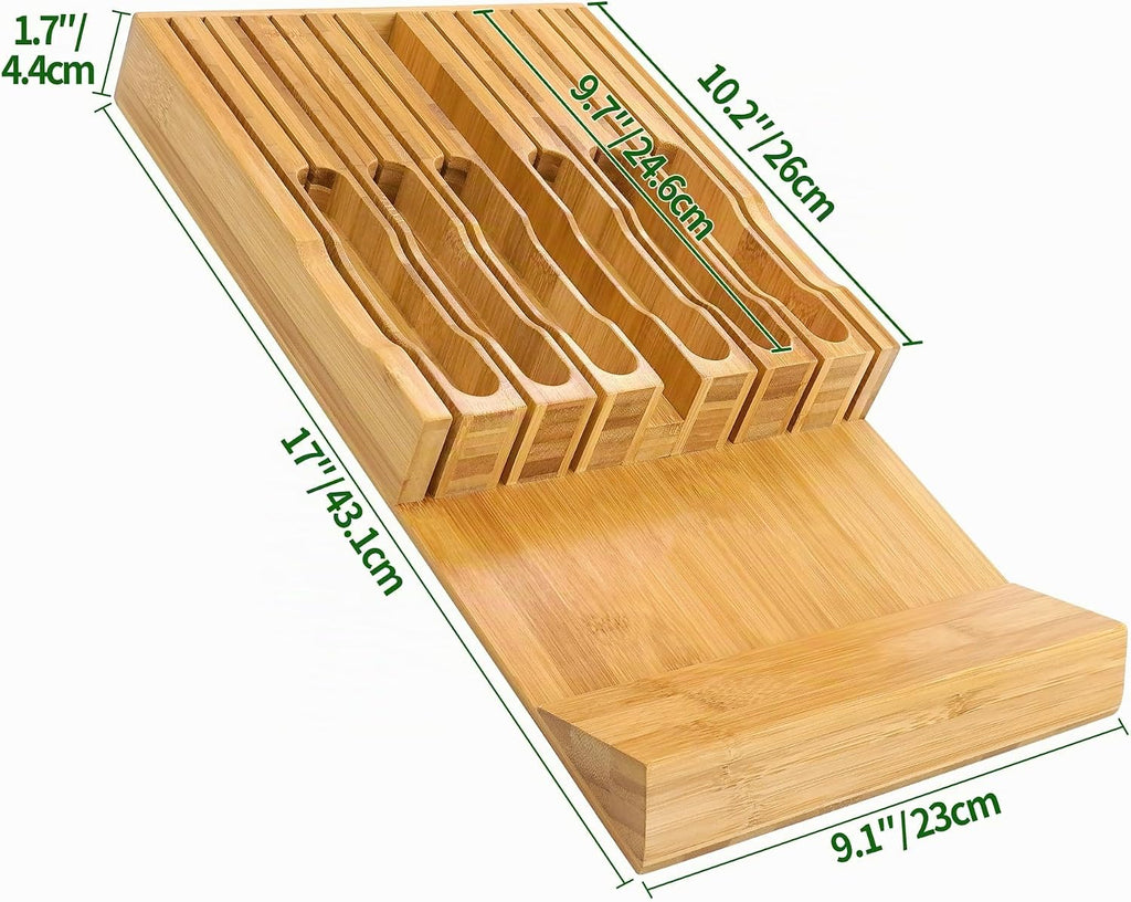 VaeFae Organizador de cajones de cuchillos de bambú, organizador de cajones de cuchillos, bloque de cuchillos de cocina para 12 cuchillos y una ranura PLUS para tu afilador de cuchillos (sin
