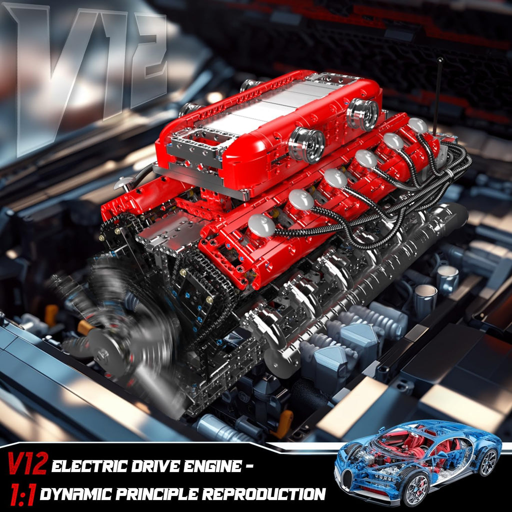 Mould King Kit de modelo de motor V12 que funciona – Juego de bloques de construcción de mini motores motorizados con batería y cambio de marchas, juguete STEM de construcción de automóviles para adultos, kit de ingeniería mecánica de bricolaje (más de