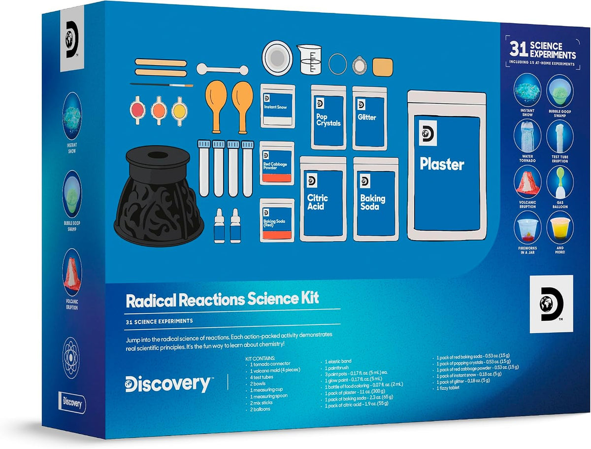 Lámpara Discovery Kit de ciencia de reacciones radicales – 31 experimentos STEM Lab para niños | Juego de actividades de bricolaje con herramientas químicas, molde de volcán, nieve instantánea, juguete