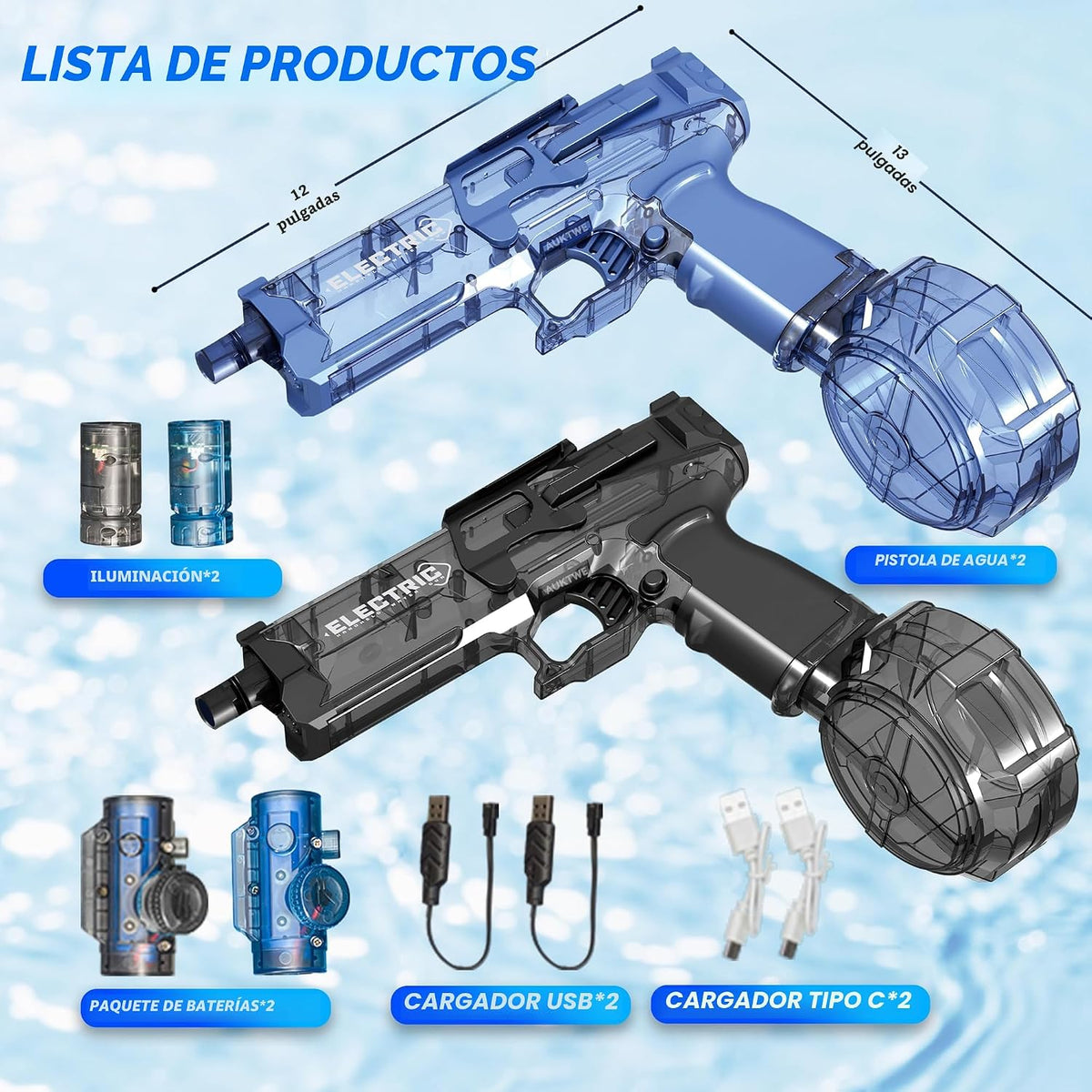 Paquete de 2 pistolas de agua eléctricas con iluminación, pistola eléctrica completamente automática de 28 a 32 pies, pistola de agua remojadora, piscina al aire libre de verano, juguete de agua para