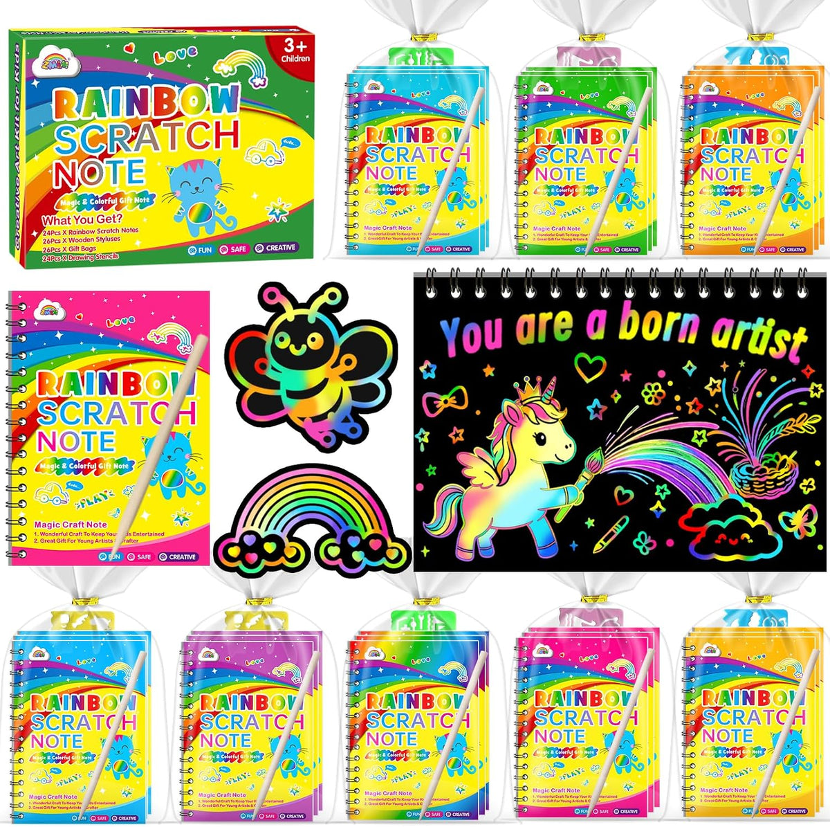 ZMLM 48 Pack Rainbow Art Scratch Notebooks para Kids Birthday Party Favors