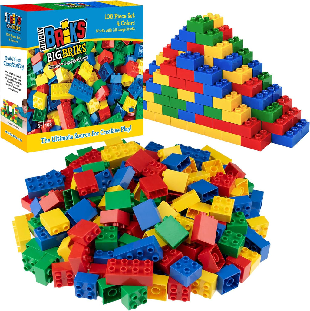 Strictly Briks Bloques grandes de juguete de construcción, compatible con Lego Duplo Set para niños pequeños y niños, juego creativo y aprendizaje, 108 juegos/colores básicos