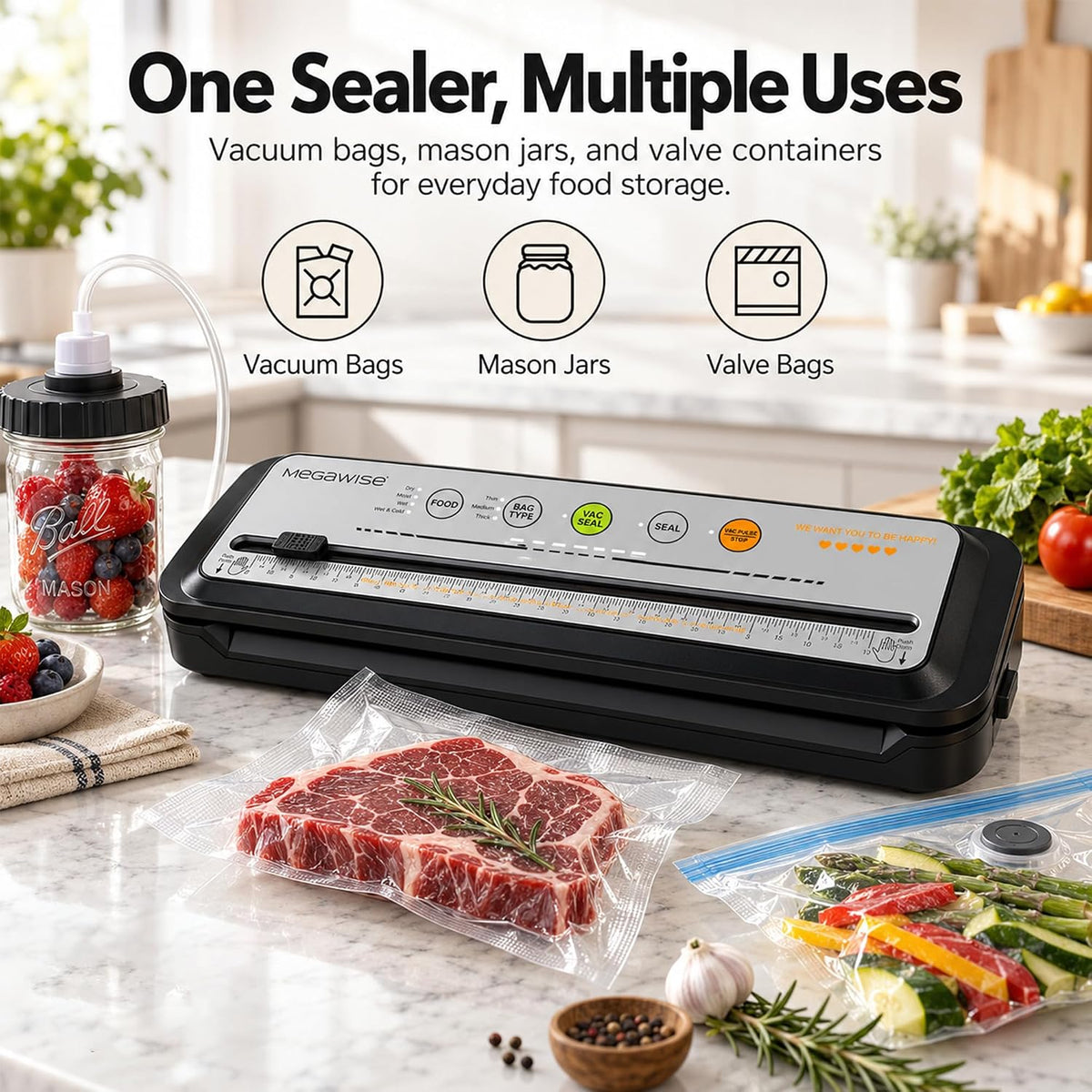 MEGAWISE - Máquina selladora al vacío, ahorrador de alimentos con modos