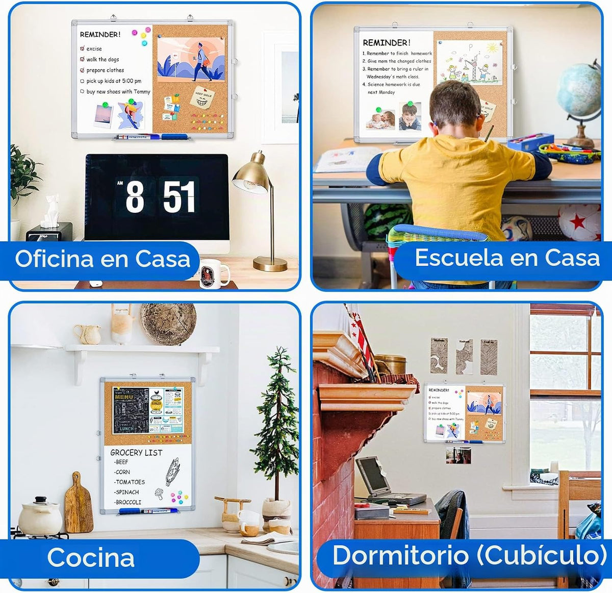 Combo de tablero blanco magnético y tablero de corcho con marco de aluminio