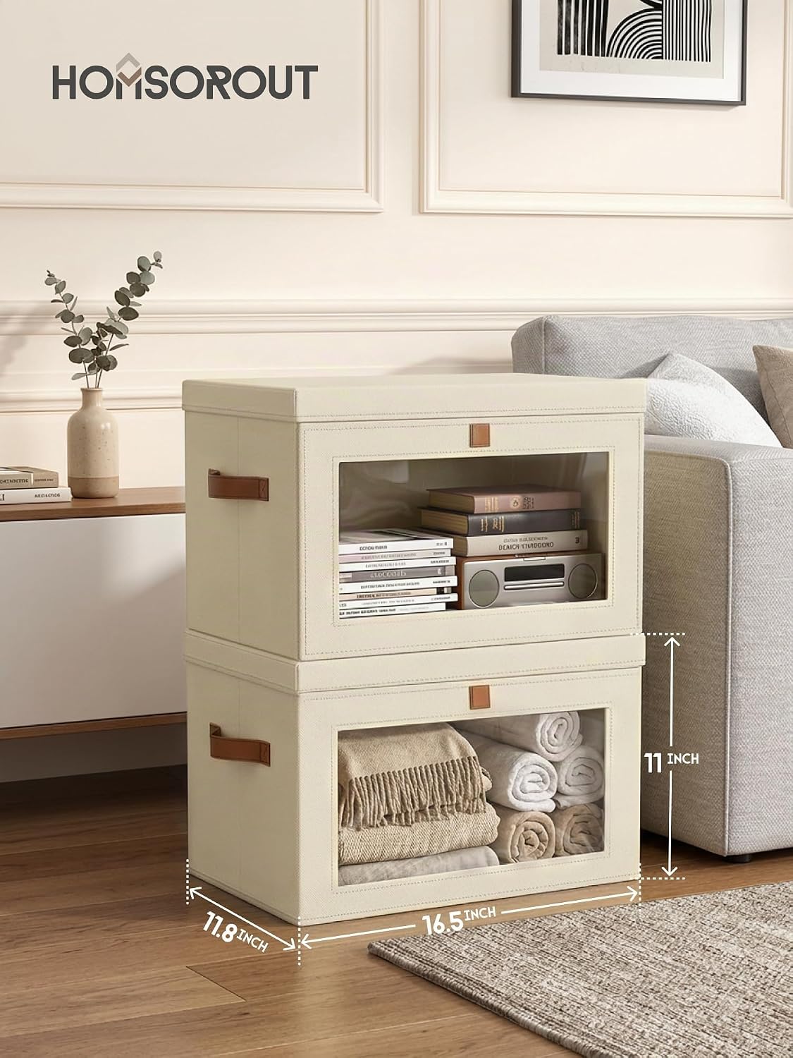 Cajas de almacenamiento plegables - Organizador grande para armario con asas y ventana, cajas de almacenamiento decorativas, contenedores de tela para sala de estar, dormitorio, paquete de