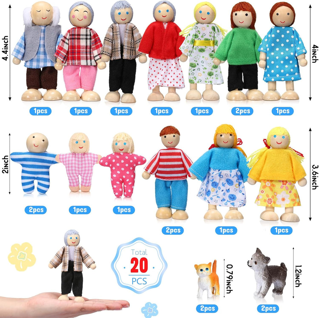 Juego familiar de casa de muñecas de madera de 20 piezas, 16 mini figuras de personas, 4 mascotas, vívido