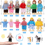 Juego familiar de casa de muñecas de madera de 20 piezas, 16 mini figuras de personas, 4 mascotas, vívido
