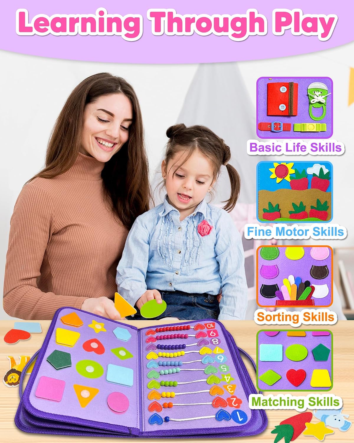 Tablero Ocupado Juguetes Montessori para Niños Pequeños Niño Niña Regalos de Cumpleaños, Libro Ocupado Juguetes de Aprendizaje Sensorial para Niños Pequeños, Juguete de Viaje para Avión y