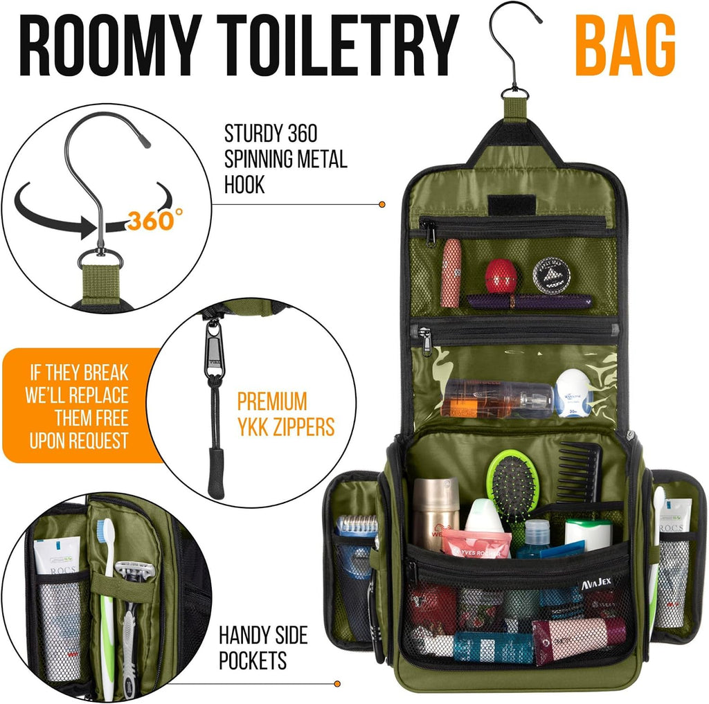 Neceser de viaje para hombres y mujeres (10.6 x 10.6 x 3.2 pulgadas), organizador grande de artículos de tocador colgantes, bolsa de higiene impermeable con gancho giratorio de metal XXL, con cremalleras resistentes y 19 compartimentos para artículos de